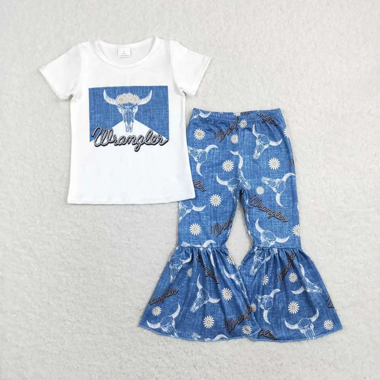 Abbigliamento Per Bambini Boutique Occidentale All'Ingrosso Vestiti Per Neonate Testa Di Toro Alpino Bianco Manica Corta Floreale Blu Pantalone