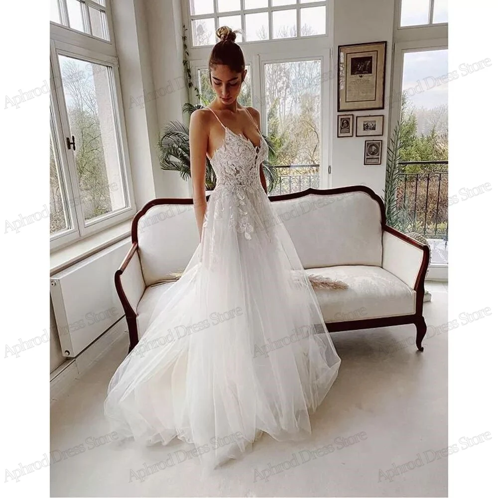 

Illusion Wedding Dresses A-Line Tulle Tiered Bridal Gowns Backless Sexy Sleeveless Robes Lace Appliques Vestidos De Novia 2024