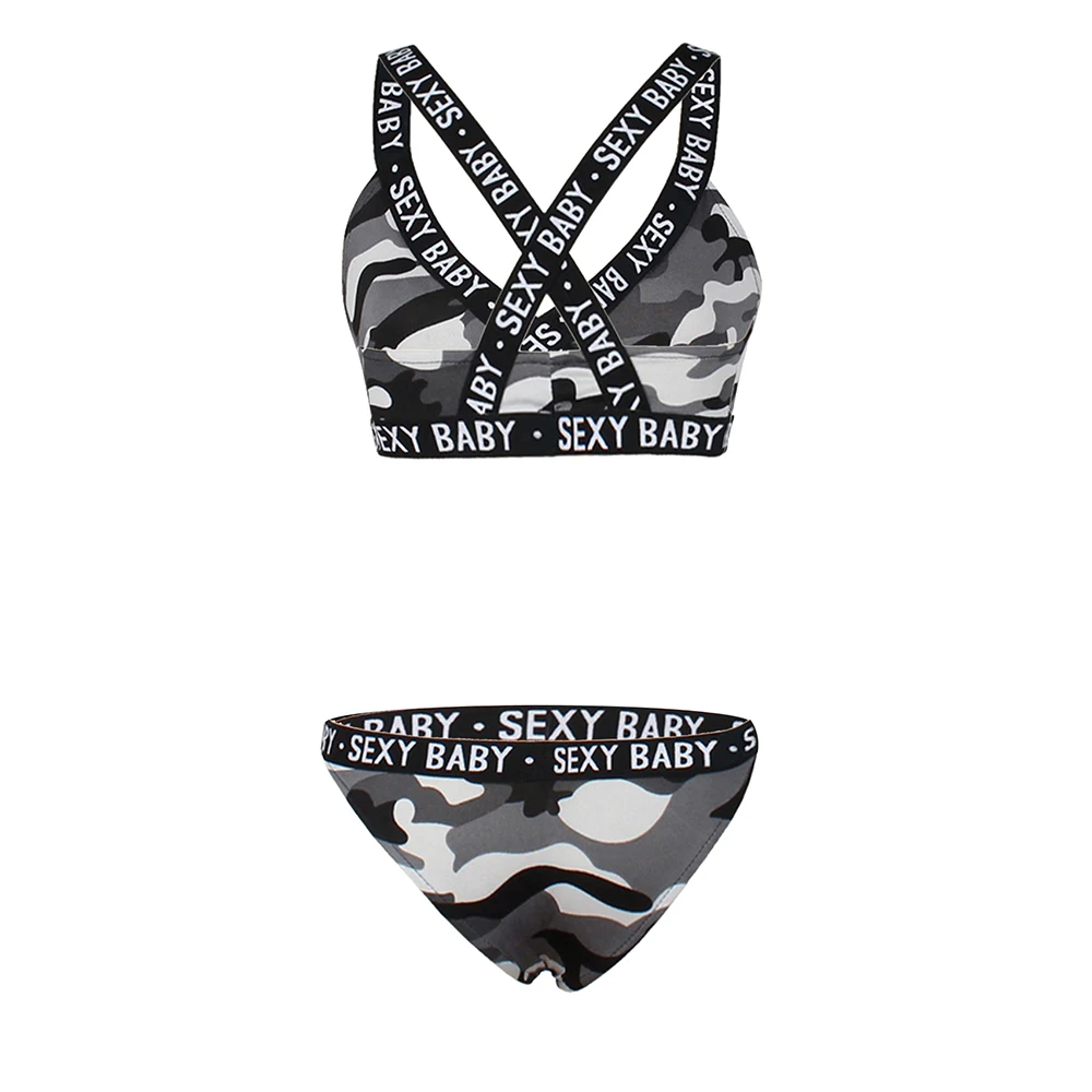 panty sets Thick Strap Bra Set Lingerie Push Up Brassiere Letter Camouflage Patchwork Underwear Set Sexy Intimates For Women Underwear lace bra panty set