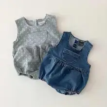 

New Baby Denim Bodysuit Fashion Dot Print Sleeveless Overalls For Boys Girls Pocket Jumpsuit With Infant Peter Pan Collar Shirts
