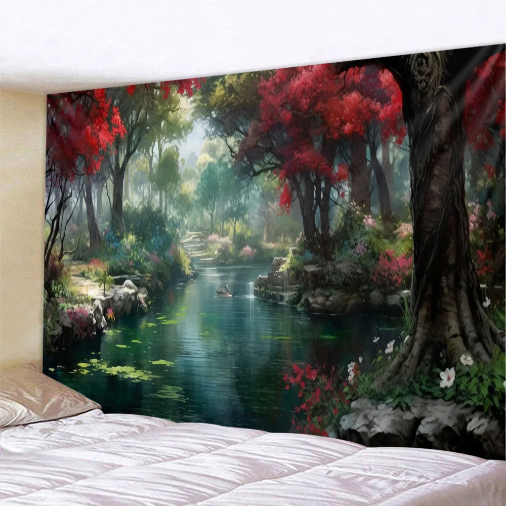 

Landscape oil painting tapestry forest, peacock, castle, dreamy wall hanging cloth, starry sky sunrise, home art decoration