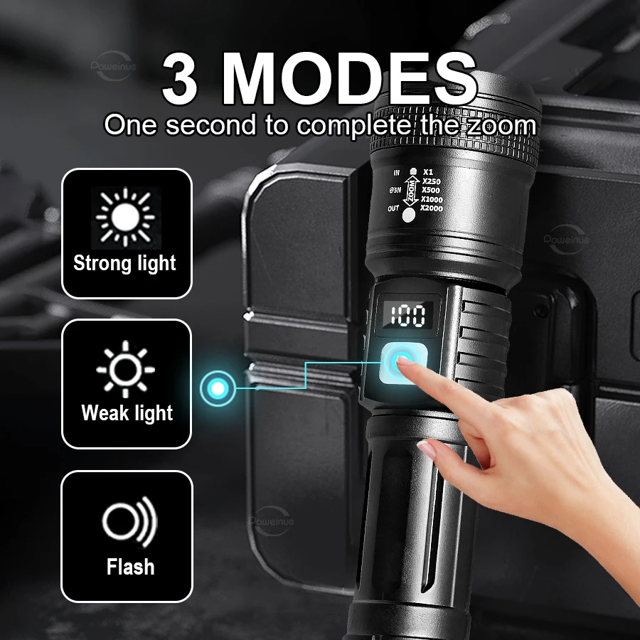 고출력 LED 손전등 USB 충전식 강력한 라이트 전술 토치 장거리 방수 Ourdoor 캠핑 비상 랜턴