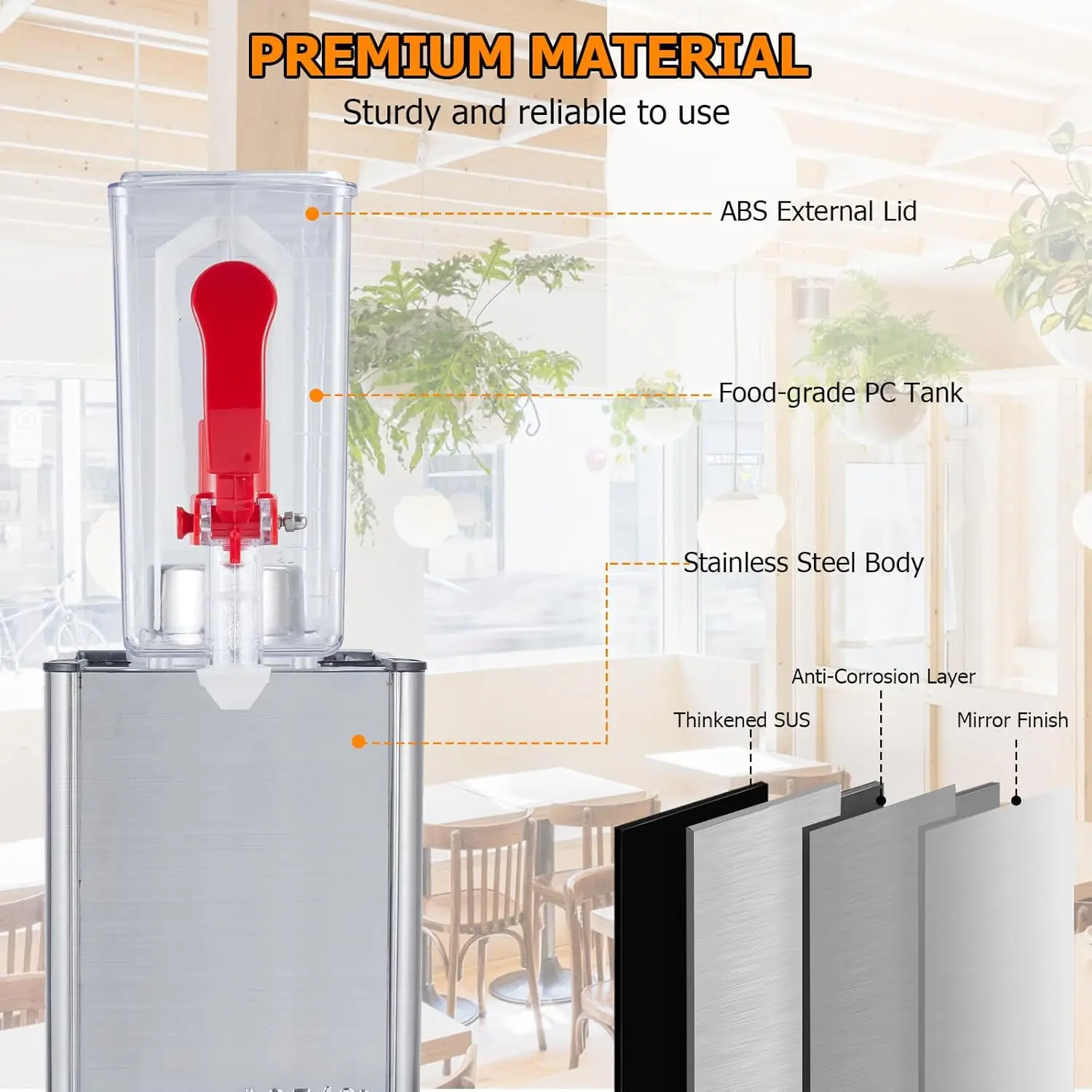 10L Stainless Steel Commercial Beverage Dispenser with 180W Cooling System for 7-12°C Temperature Range