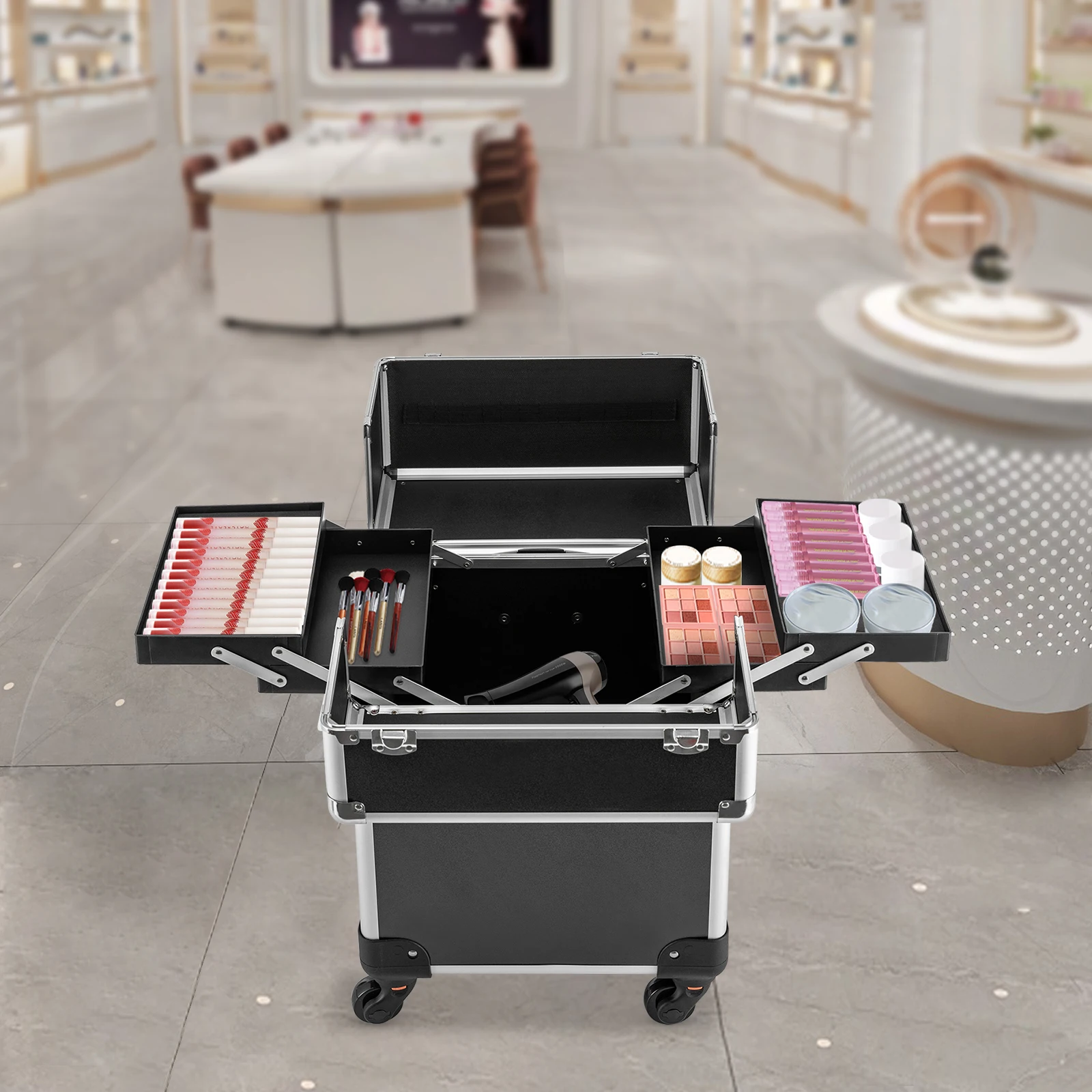Cosmetics Makeup Trolley Case Rolling Train Case Organized Aluminum Barber Case for Hairstylist Makeup Nail Tech