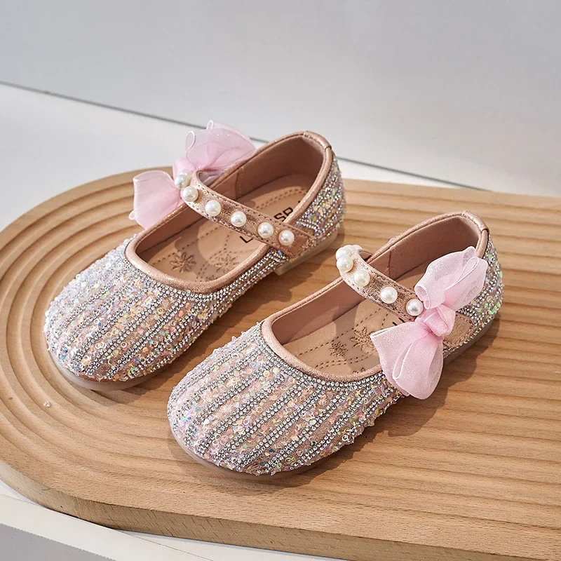 

Girls Princess Leather Shoes Spring Autumn Kids Mary Jane Shoes Fashion Sequins Children's Flats for Wedding Party Lace Bowknot