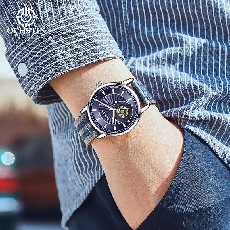 ochstin new 2024 creative creative nylon series simple fashion watches skeleton mechanical movement men's mechanical watches