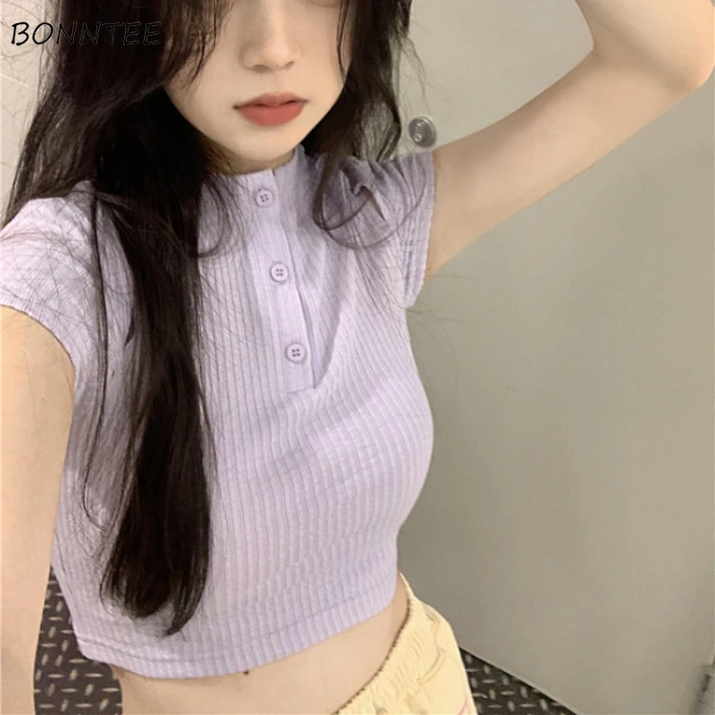 

T-shirts Women Sweet Simple Button Design Sexy Tender Korean Style Cropped Slim All-match Summer Leisure Elegant Girls Ins Chic