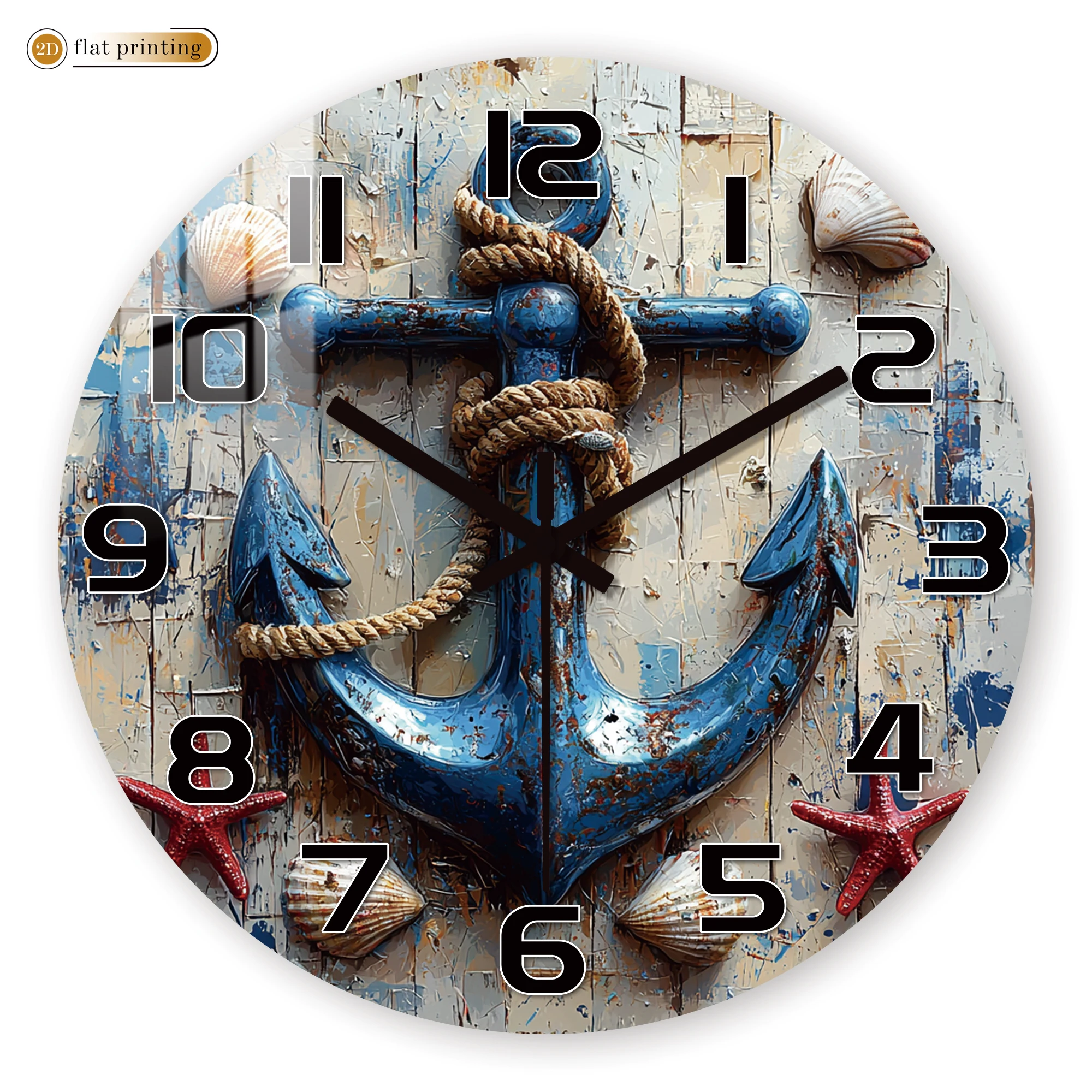 밧줄과 조개껍질이 있는 항해용 닻 벽시계, 해안 해변 주택 장식, 풍화된 나무 배경의 무소음 석영 시계