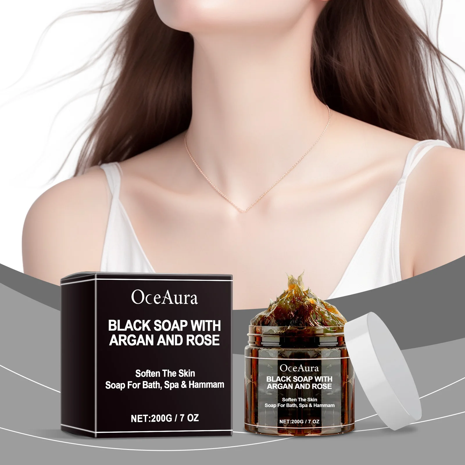 OCEAURA Black Soap With Argan And Rose lack Beldi Soap Ideal For Dead Skin Remover Body Scrub Purifying Deep Cleansing 200g/7 Oz