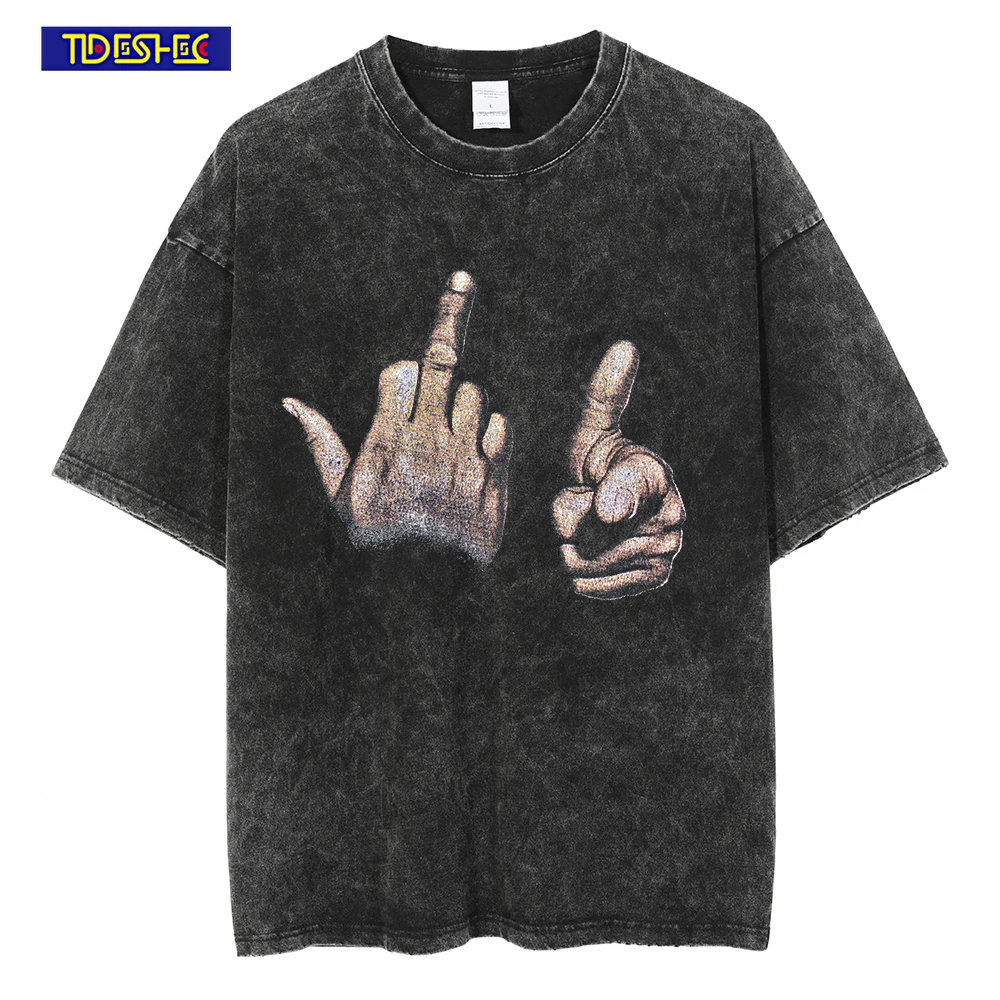 

Retro Tshirt Men Oversized Despise Gesture Graphic T-Shirt Hip-Hop Streetwear Cotton Summer Washed Short Sleeve Vintage T-Shirt