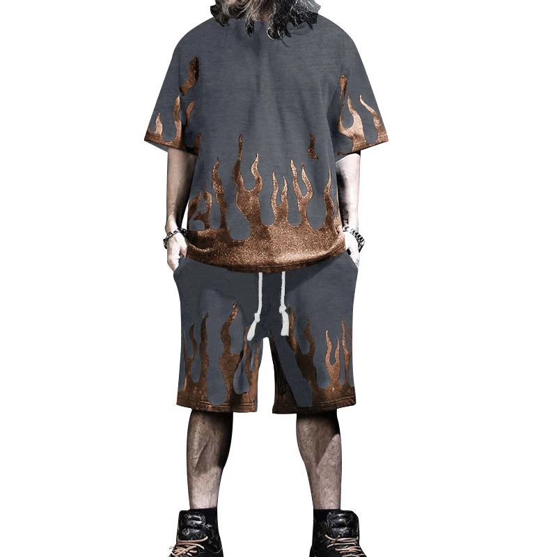2024 New Summer Men's Set Retro Style Street Hip Hop Men's Clothing Cool Flame Print Loose Size T-shirt Shorts Two-piece Set