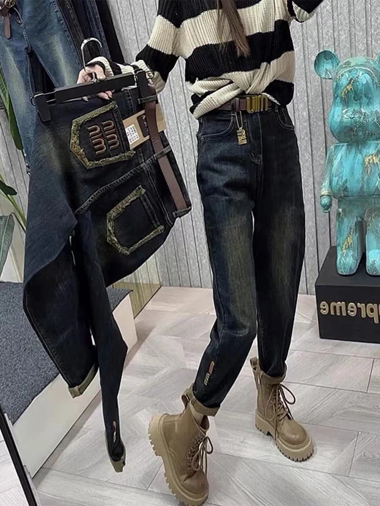 Jeans 2024New Women\'s Jeans Large Size High Waist Lean Elastic Thick Design Retro Fashion Women\'s Pants Harun Pants
