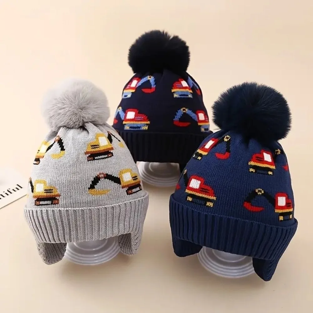 Acrylic Kids Winter Hat with Ear Flaps and Excavator Print