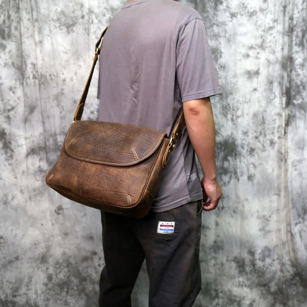 NZPJ Men's Retro Genuine Leather Shoulder Bag Casual Top Layer Cowhide Large Capacity Slant  Horizontal Trendy Messenger Bag