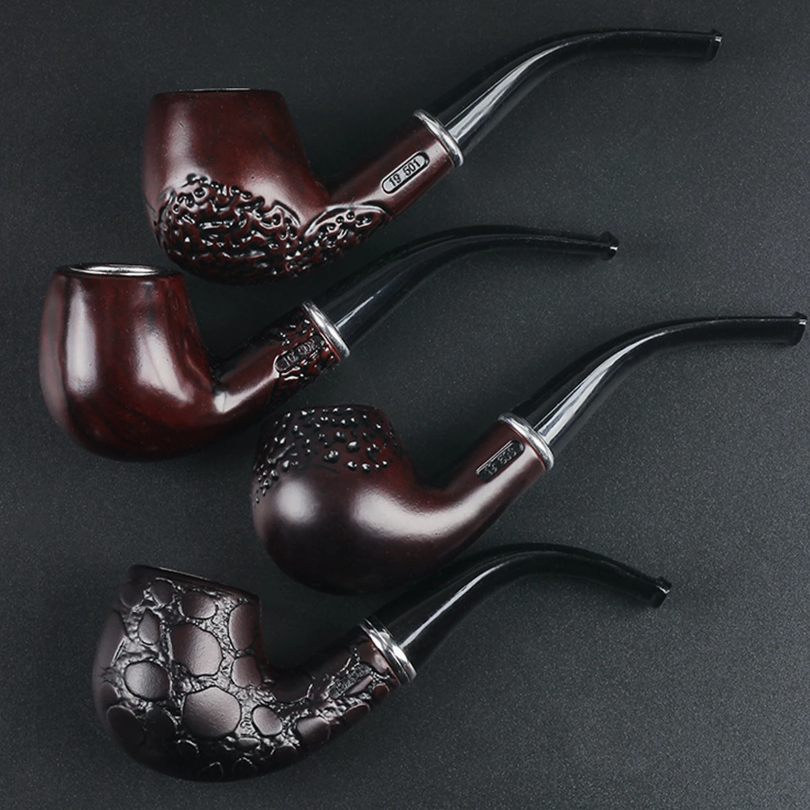 1pc Solid Wood Tobacco Pipe Pattern Carving Smoke Pipe Filter Cigarette Holder Herb Grinder Smoking Tools