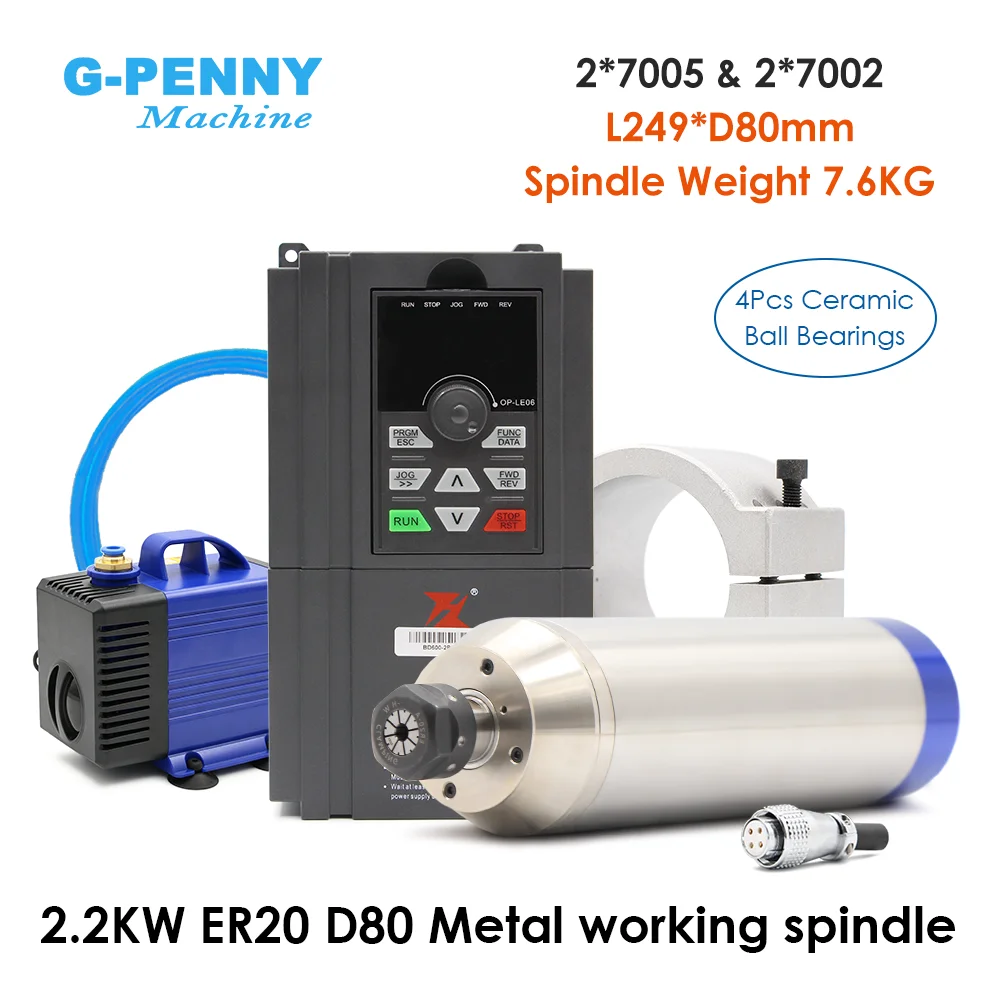 G-Penny 2,2 kW Metallbearbeitungsspindel-Set, wassergekühlt, ER20, 800 Hz, Pol = 4, D = 80 mm, Frequenzantrieb für Metall, Eisen, Edelstahl