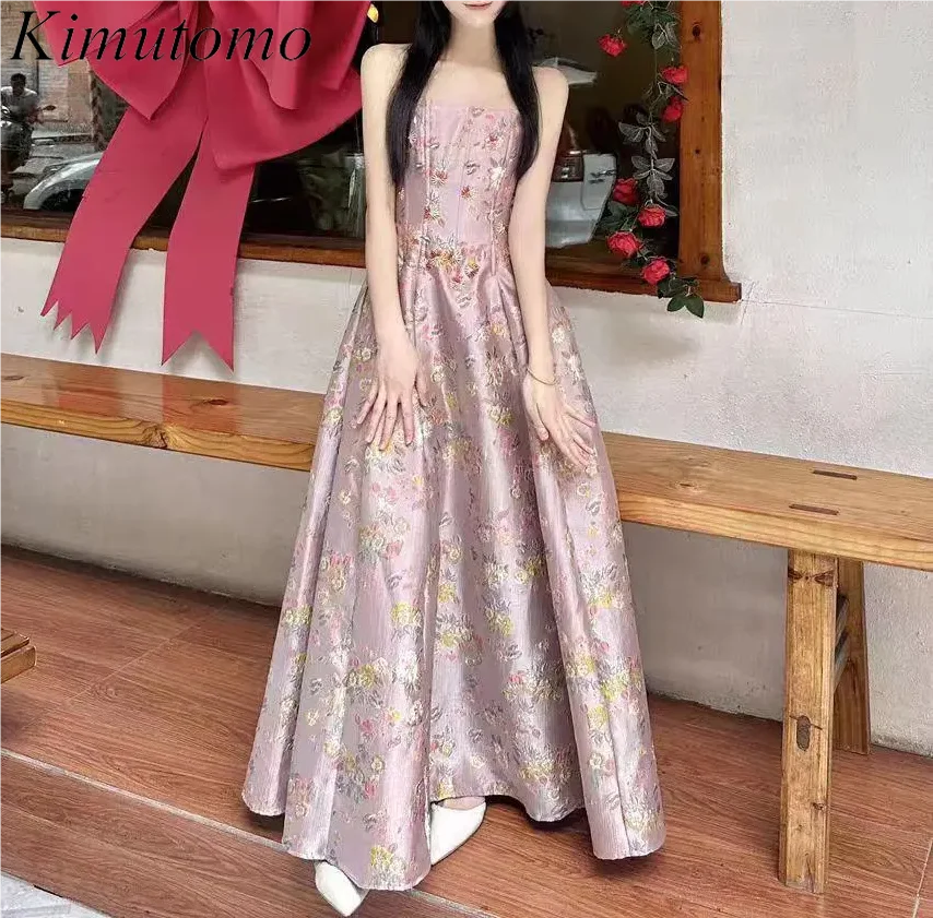 

Платье Kimutomo женское с цветочной вышивкой, милое вечернее ТРАПЕЦИЕВИДНОЕ, без бретелек, с завышенной талией, без рукавов, в Корейском стиле