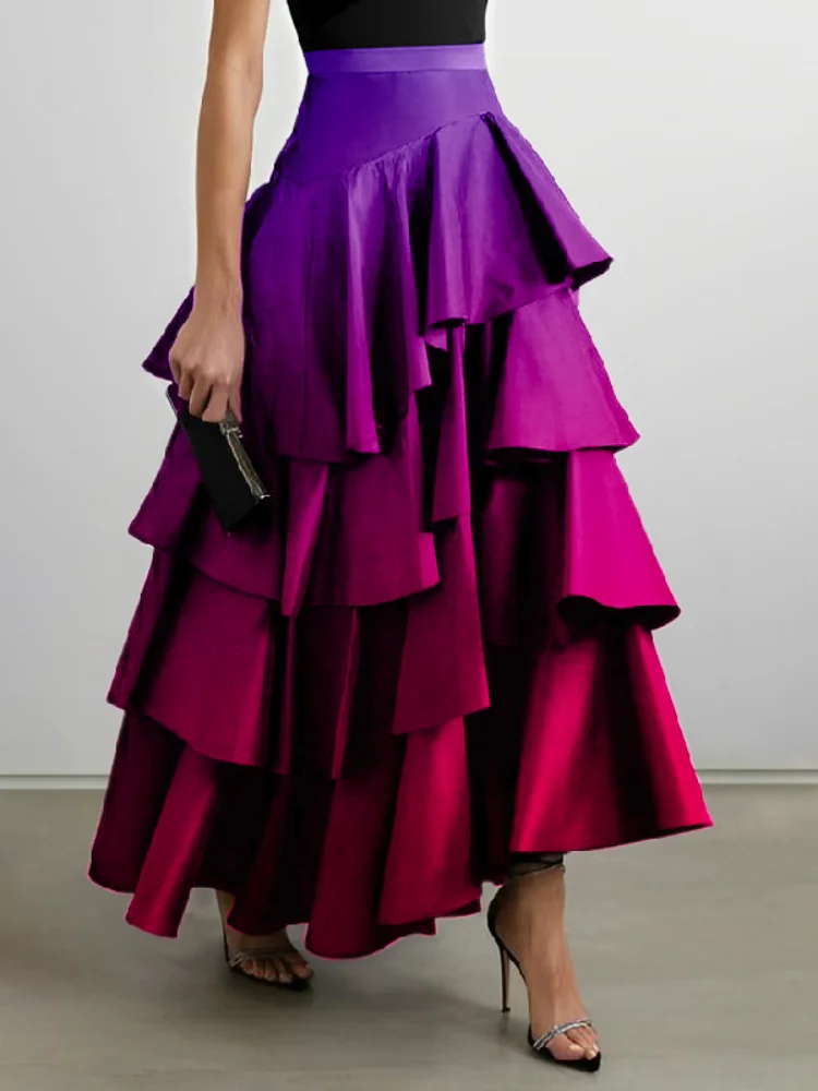 Freeacy 2023 Female Stylish High-waisted Tiered Ruffled Skirt Purple Gradient Elegant Party A-Line Skirts for Women and Ladies shine luxury women sequins evening dresses shawls and wraps bride bridesmaid wedding shawl ladies party cape scarf foulard femme