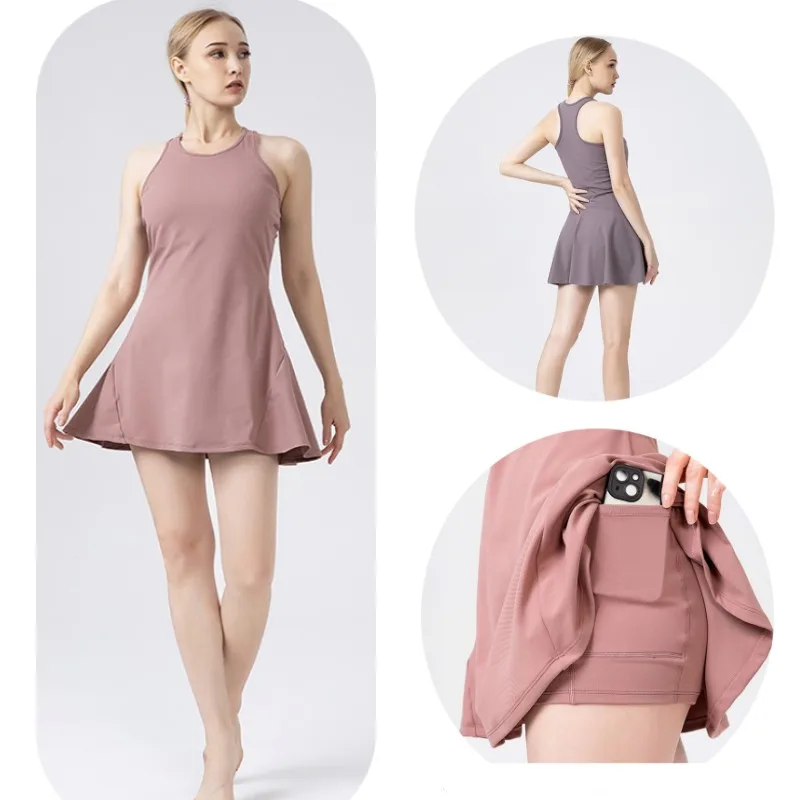 

Tennis Dress Female Sleeveless Athletic Golf Wear Soft Sport Workout Exercise Dress Built-in Bras Running Fitness Shorts Skirts