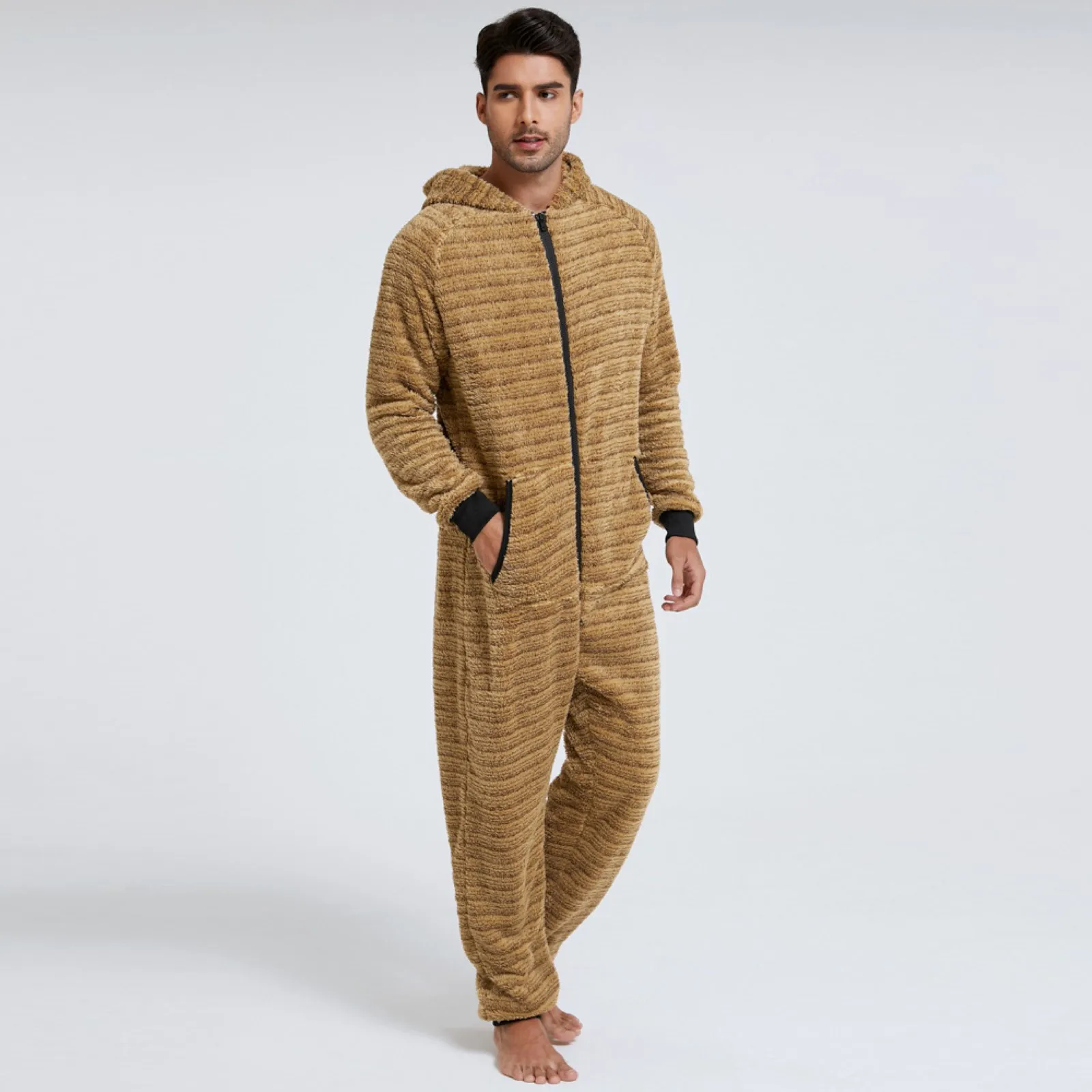 Men Warm Fleece Onesie Fluffy Sleep Lounge Adult Sleepwear One Piece Pyjamas Male Jumpsuits Hooded Sleepwear For Adult Male