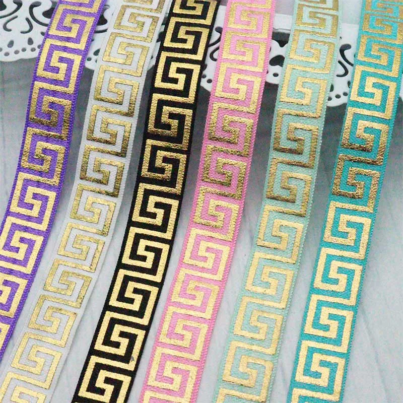 

5/8'' 15mm Gold Foil Retro Geometry Maze Printed FOE Fold Over Elastic Ribbon For DIY Sew Accessories Hair Ties Bracelet