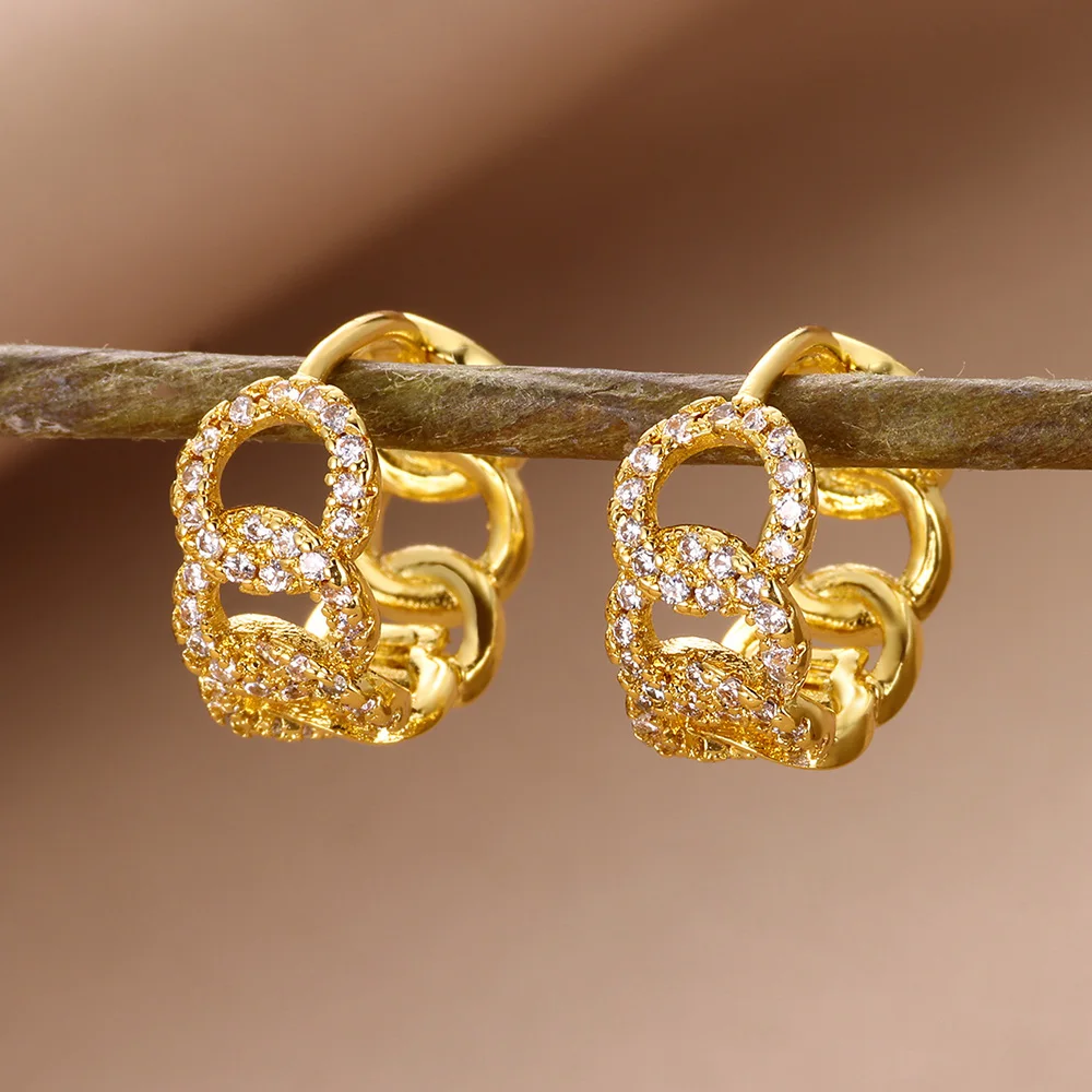 Luxury Zircon Cuba Chain Earrings Gold Color Geometric Stainless Steel