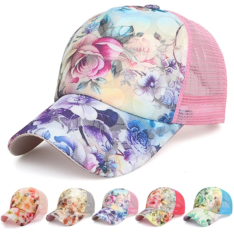 

Women Fashion Casual Rose Flower Printed Mesh Baseball Cap Outdoor Sunvisor Hat Adjustable Peaked Hat
