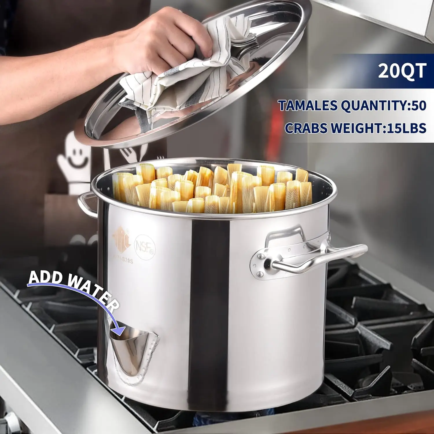 ARC 20/24/32QT Stainless Steel Tamale Steamer Pot w/Easy-fill Water Spout,Seafood Crab Steamer with Divider and Rack