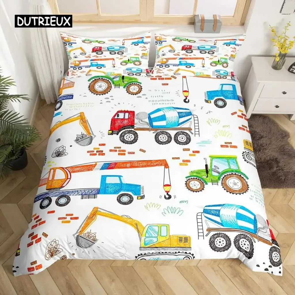 Construction Vehicles Truck Car Bedding Set Boys Excavator Duvet Cover Kids Cartoon Tractor Truck Soft Polyester Comforter Cover 2