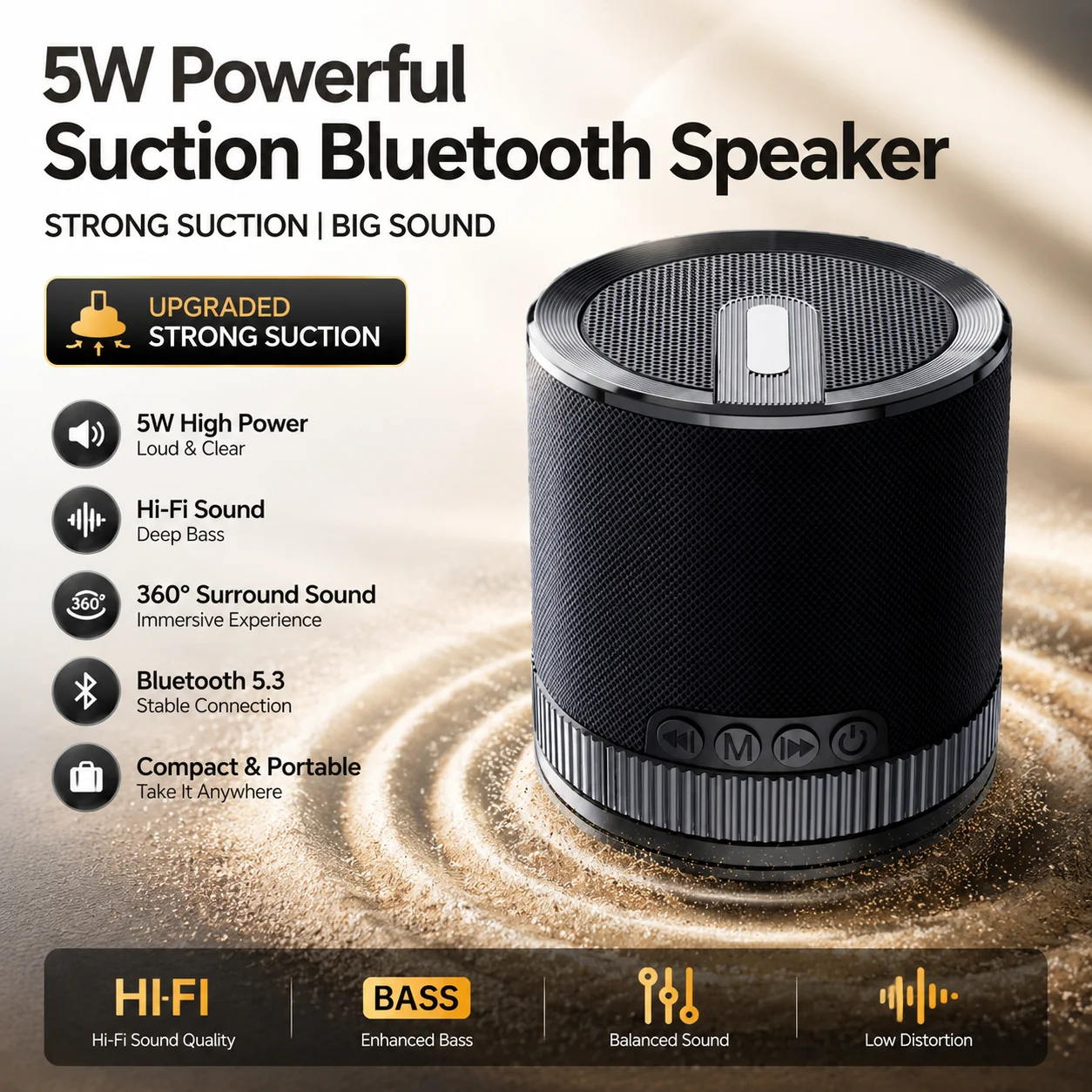 Portable 5W Suction Cup Bluetooth Speaker for Shower and Bathroom with HiFi Stereo Sound