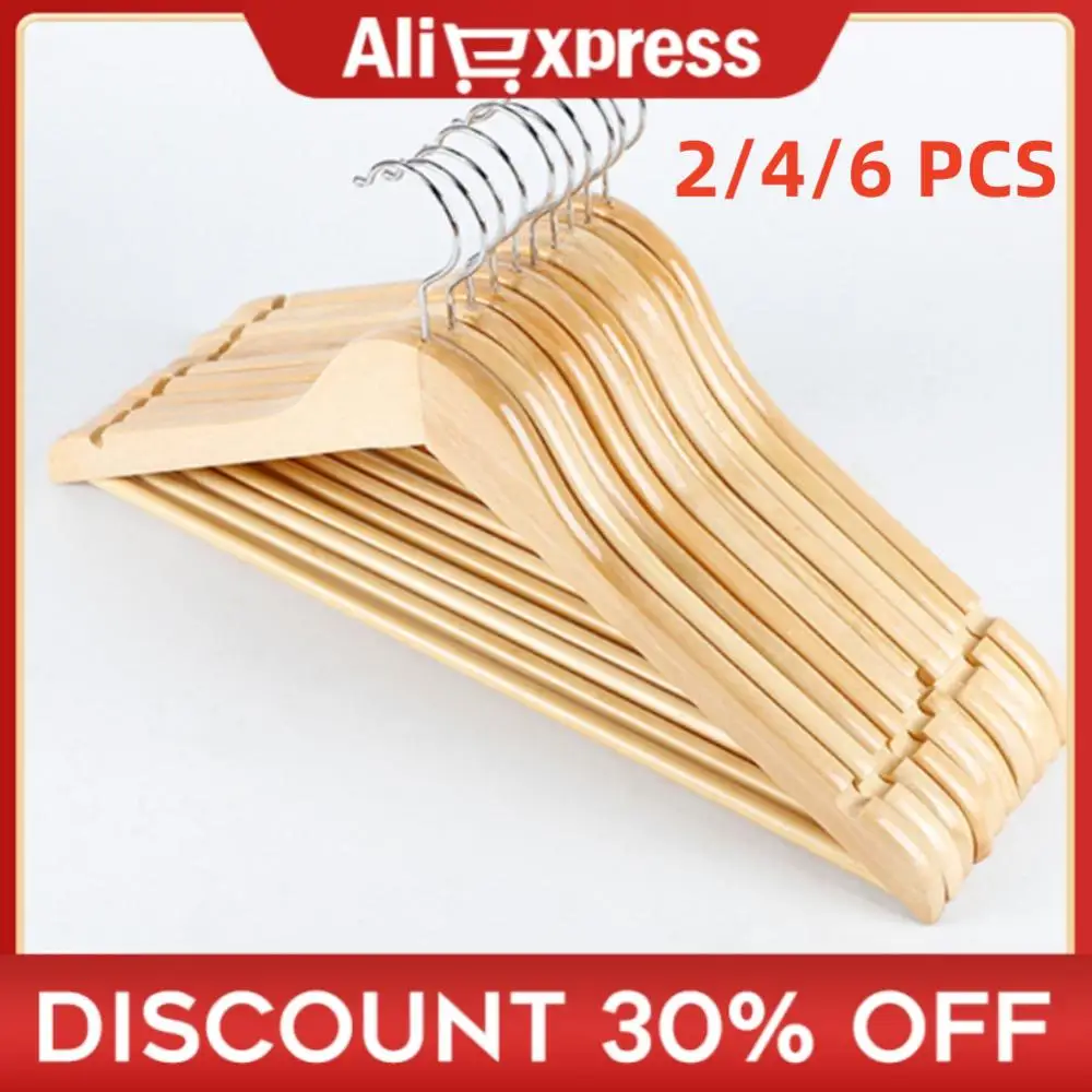 

2/4/6 PCS Solid Wood Clothes Hanger Anti-skid U-groove Design Wooden Clothes Support No Deformation Metal Round Hook Home Tools