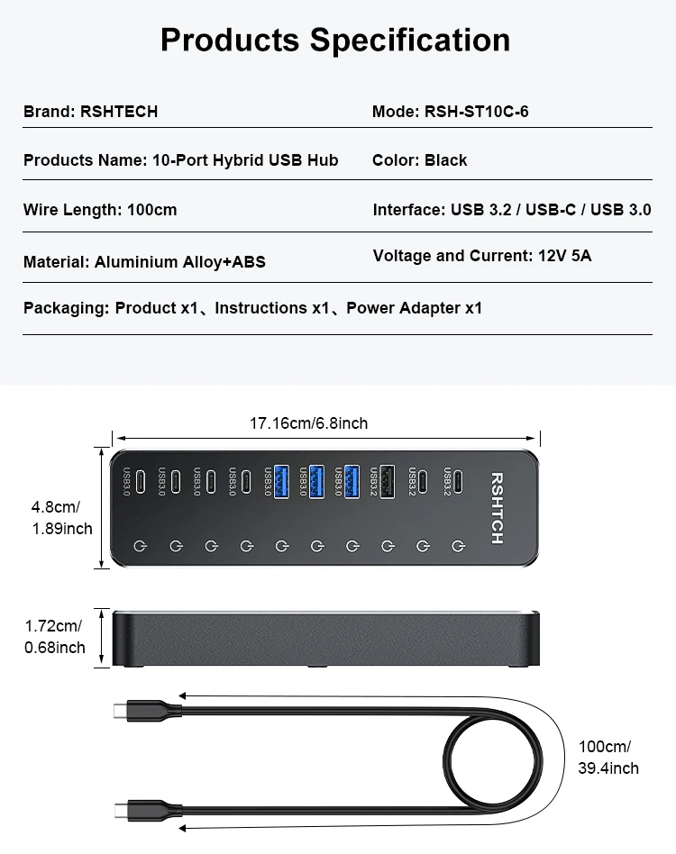 Rshtech 10-in-1 Usb C Hub 10gbps Multiport Docking Station_voghion.com
