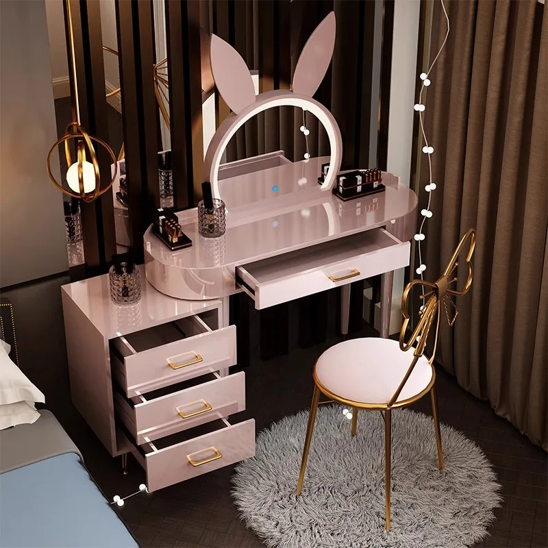 Vanity - Tavolino da trucco con luci, piccolo tavolo da toeletta con specchio e cassetti, scrivania moderna con sgabello per il trucco, perfetto per la camera da letto