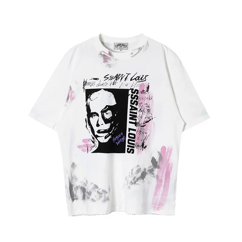 

New Spring/Summer Loose Old High Quality SSSAINT LOUIS Wash Vintage Casual Fashion Trendy Short sleeved T-shirt