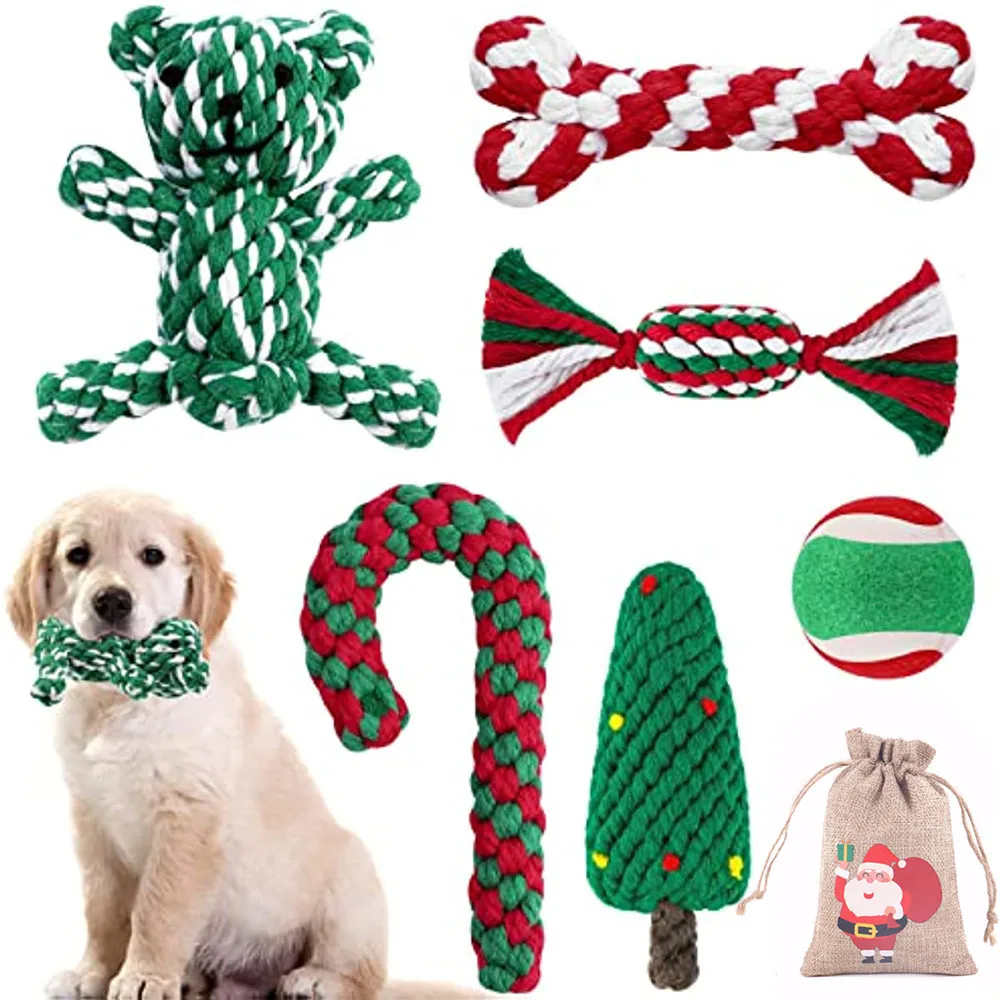 

6 Pieces Christmas Dog Chew Rope Toys Durable Interactive Puppy Bite Toy Cotton Knots Teething Dog Toys for Small Large Dogs