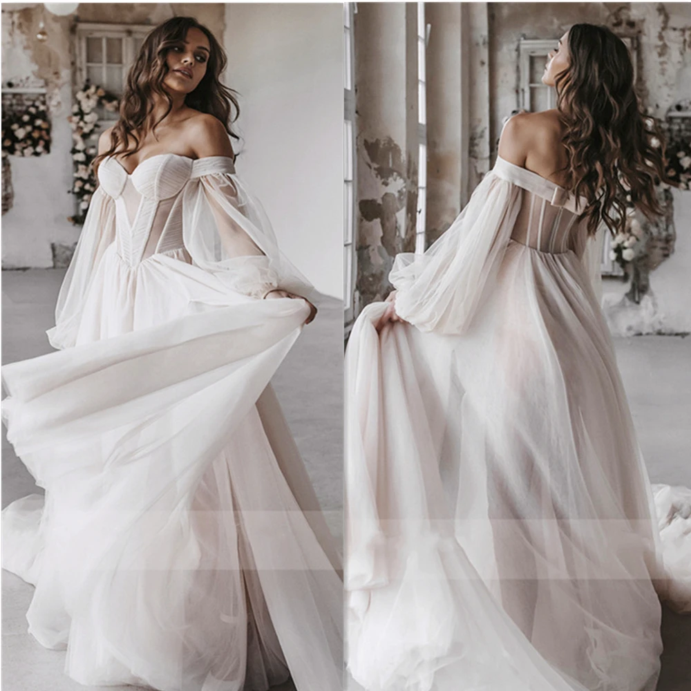 

2022 3/4 Puff Sleeve Sweetheart Off Shoulder Wedding Dress Bohemian A Line Princess Custom For Women Robe De Soirée De Mariag