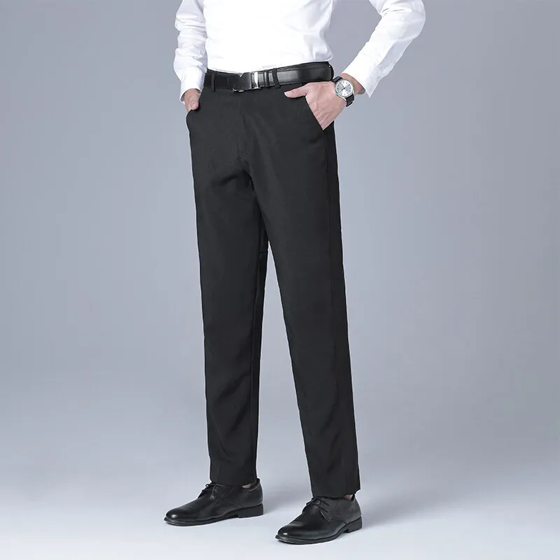 Business Casual Straight Trousers Men's Clothing Solid Color All-match Autumn Winter Commute Mid Waist Button Stylish Suit Pants
