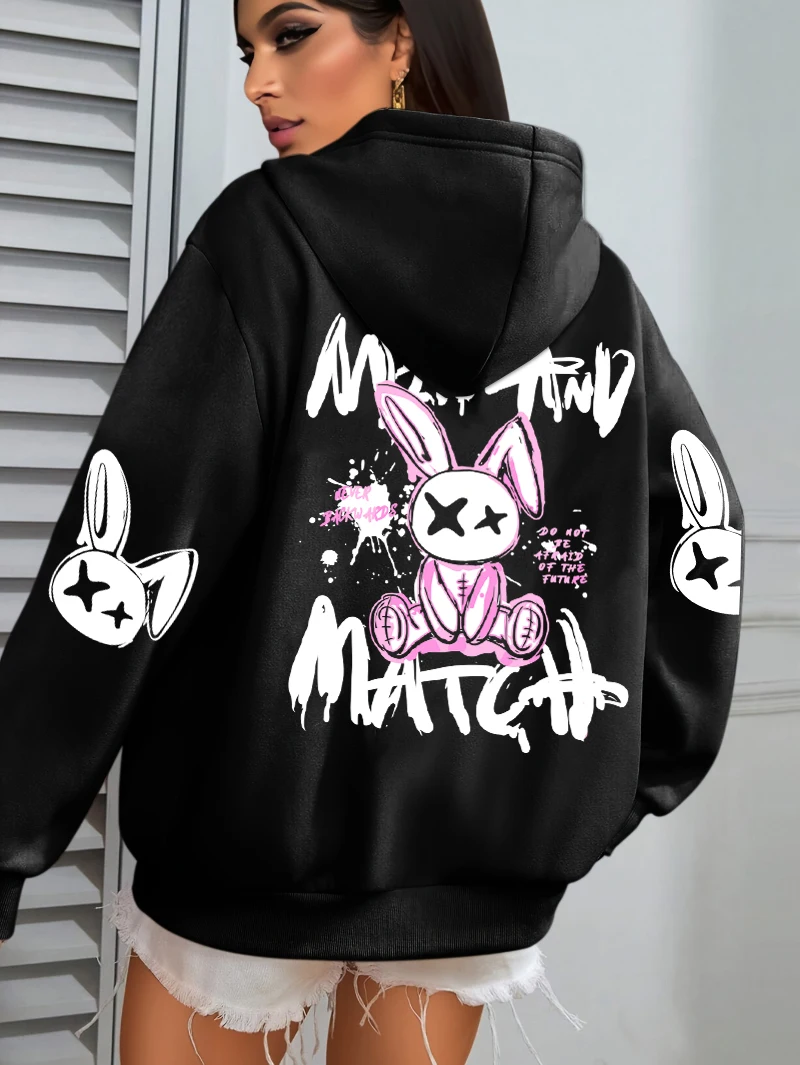 Mélanger et assortir les imprimés de lapin de dessin animé sweat à capuche pour femme poche Streetwear Harajuku sweat à capuche ample tout-Match polaire femme vêtements