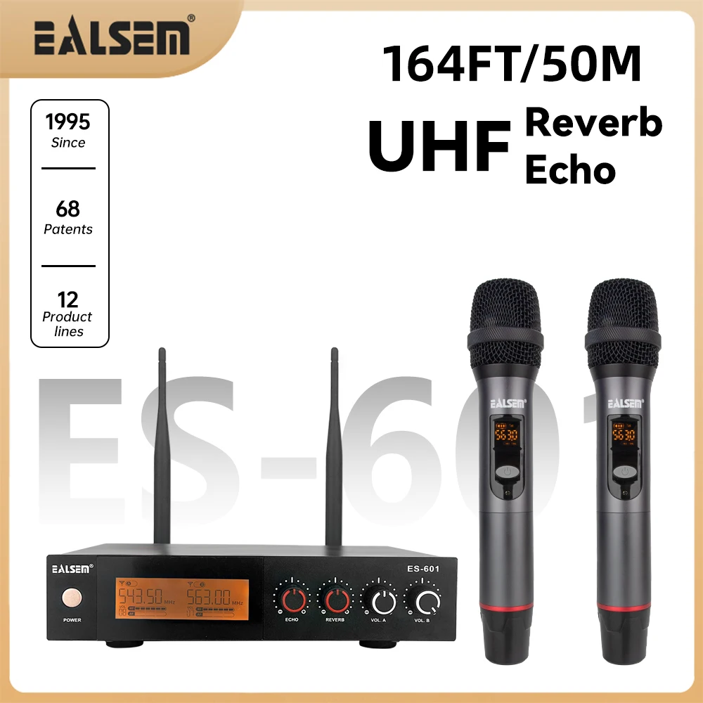 EALSEM 601 UHF Dual Channel Metal Dynamic Microphone,Receiver With Adjustable Reverberation, Echo,For KTV,Stage,164FT/50m,Black