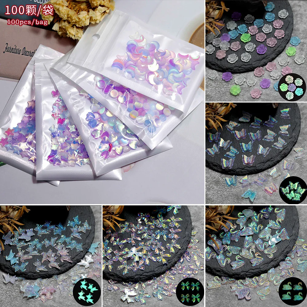 

100PCS 3D Cat Eye Noctilucent Various Shape Rose Camellia Foxhead Bowknot Jewelry Nail Art Rhinestones Luminous Manicure Charms