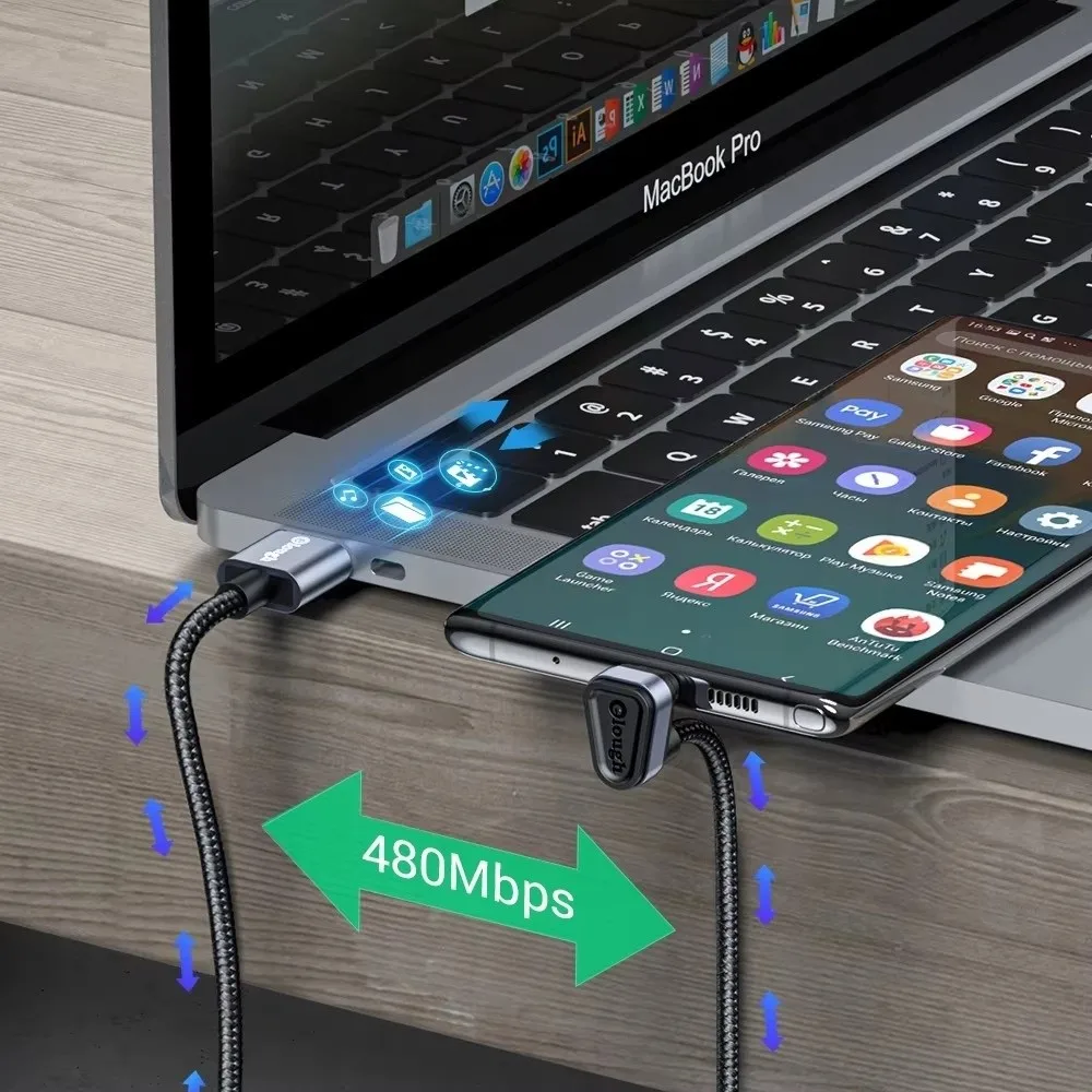 2.4A Fast Charging USB Type C Cable 90 Degree Elbow Fast Phone Charging Data Cord 180 Degree Angle Games Charge Wire for Redmi 3