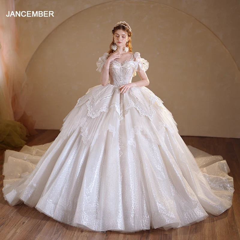 

Jancember Romantic Exquisite Wedding Dress 2024 Organza O-Neck Full Sleeves Button Illusion Ruffles Vestido Noiva LSMX040