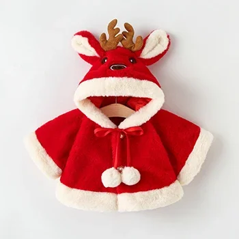 

4 Colors Cute Christmas Elk Plush Baby Jacket Autumn Winter Warm Hooded Infant Girls Coat Princess Cloak Baby Girl Clothes 0-24M