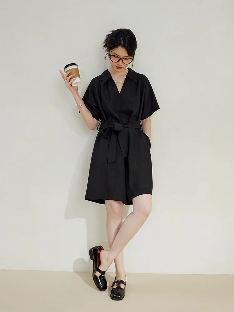 ZIQIAO Temperament Thin Shirt Jumpsuit for Women Summer Chic Lace-up Waist High-quality Commuter Wide-leg Short Pants Female