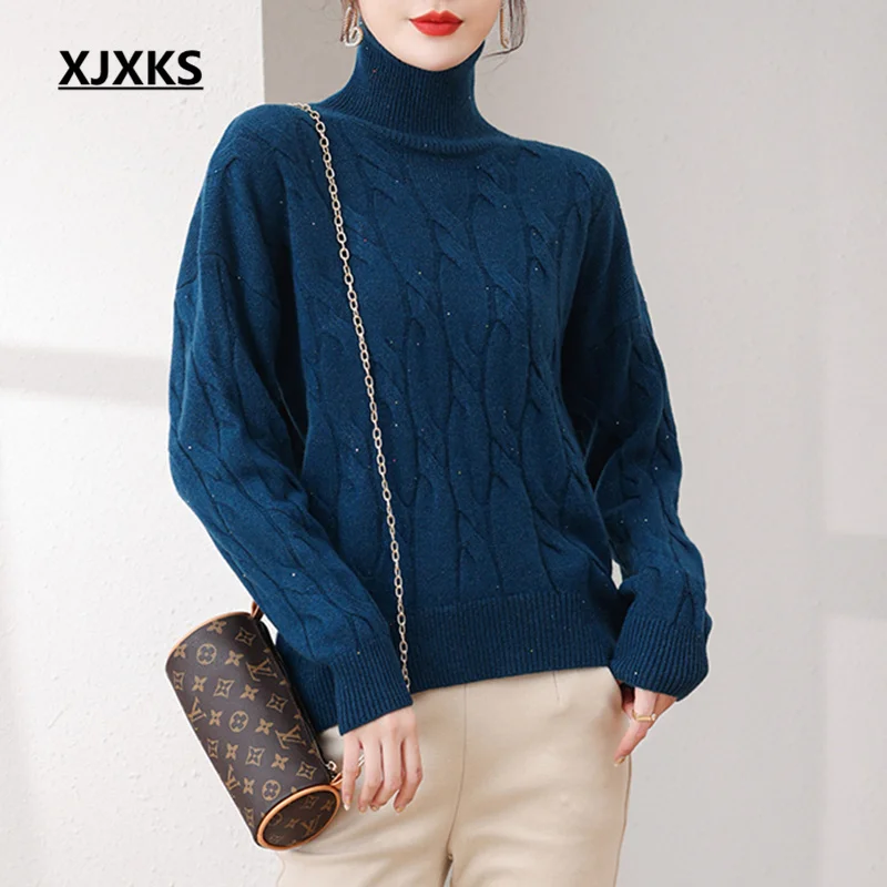 

XJXKS 2022 Winter New Women's Turtleneck Sweater Solid Color All-match Thickened Warm 100% Wool Knitted Pullover