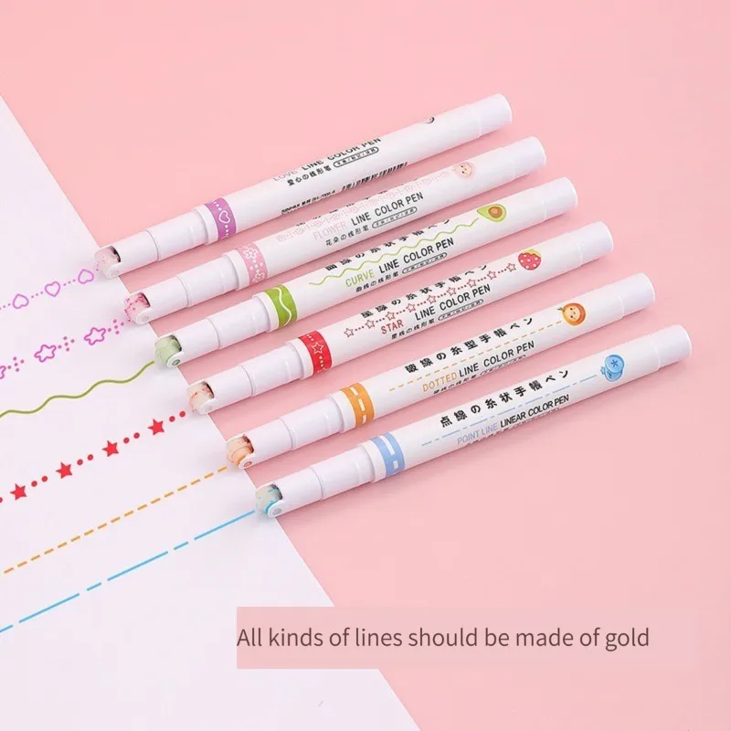 Highlighter Pen Kawaii Flowers Line Shaped Roller Tip Curve Liner Marker Writing Journaling Drawing Stationery 6Pcs/set