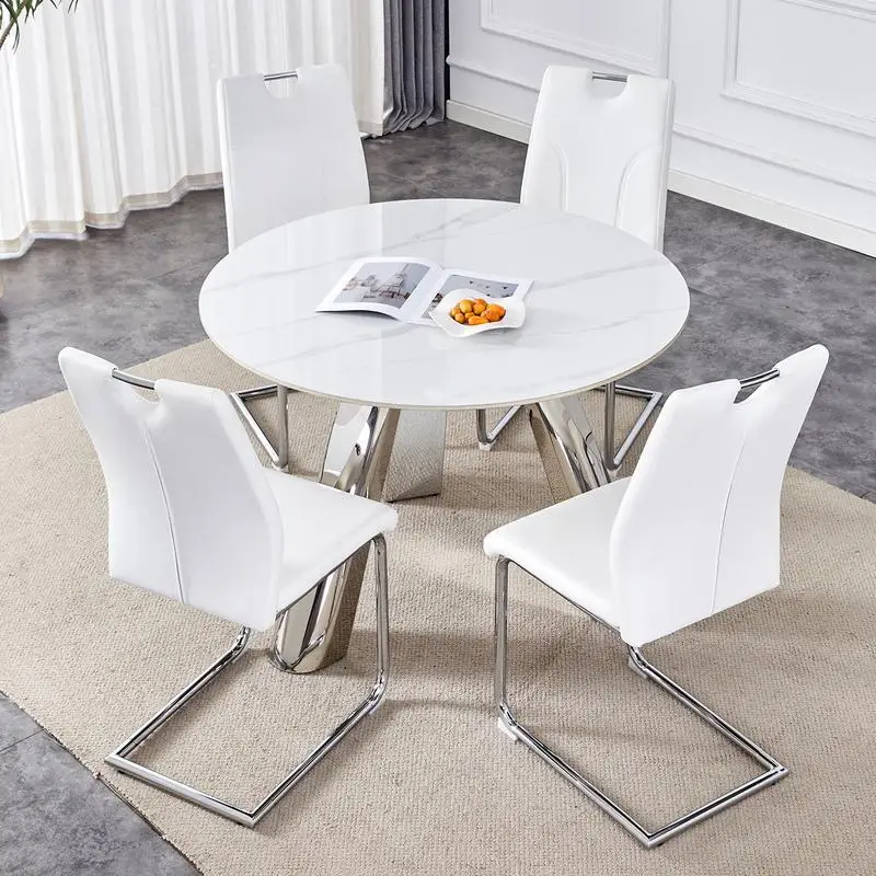 42-Inch Round Table Set with 4 Unique White Dining Chairs and Stainless Steel Legs - Sintered Stone Top - Image 2