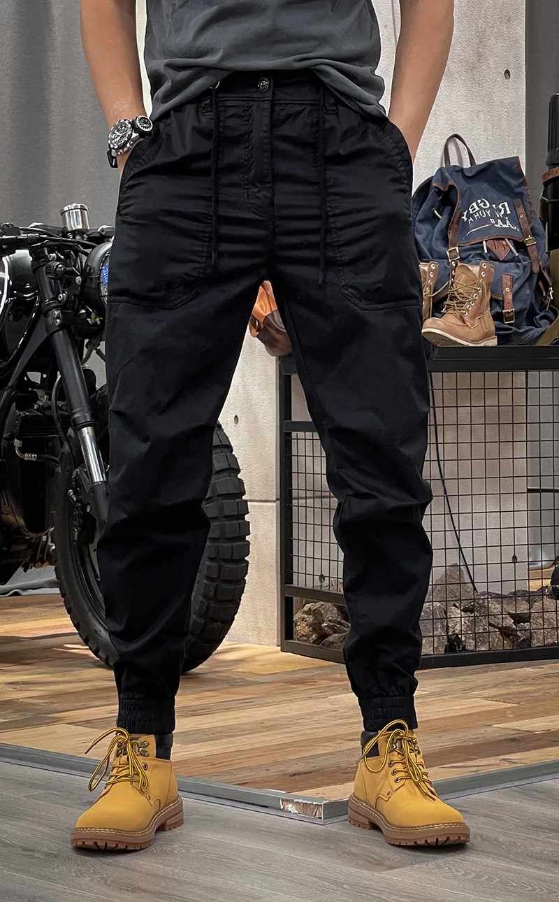 Spring new American vintage overalls men's elastic waist multi-pocket loose casual leggings large pant