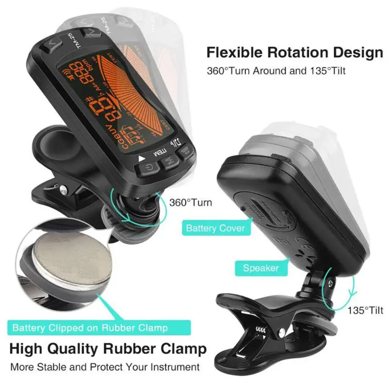 Clip On Tuner Guitar stroik do instrumentów metronom 3 w 1 wielofunkcyjny Tuner elektryczny Tuner Ukulele do basów Instrument muzyczny wiolonczela