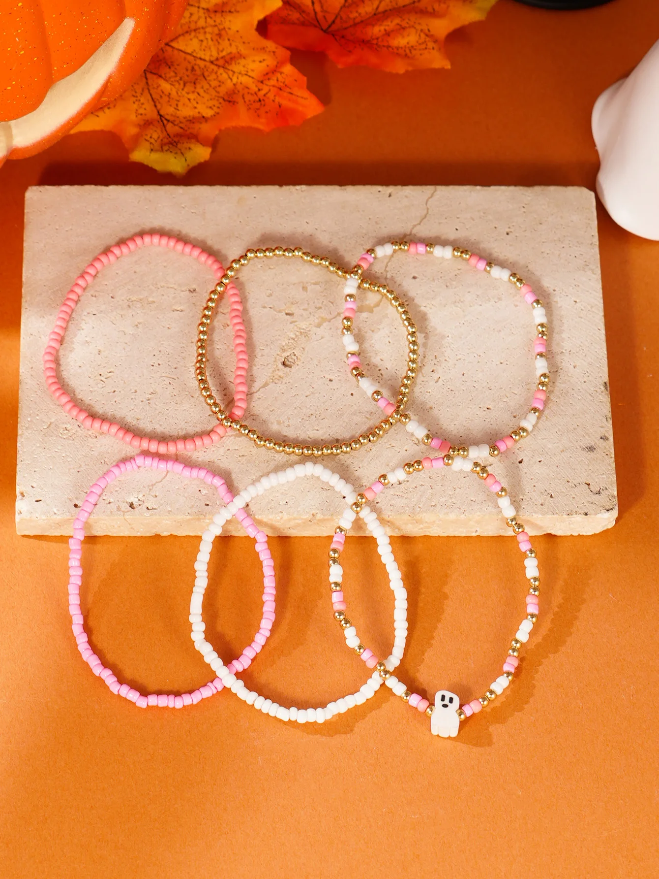 Pastel Halloween Ghost Beaded Bracelet Set Stackable Jewelry for Women